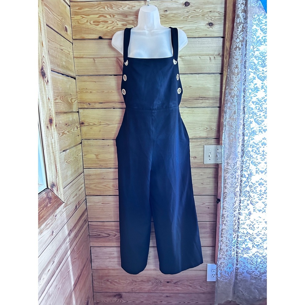 Wide Leg Jumpsuit Size Large Black Italian Designer Grommet Square Neck Overall